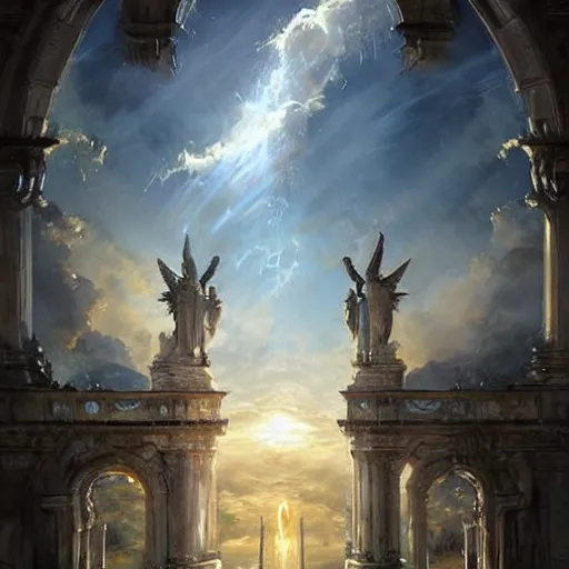 Prompt: the gates of heaven with god, hyper realistic, in the style of greg rutkowski, fantasy, amazing detail,