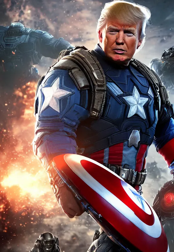 Image similar to Portrait of Donald Trump as captain america in Gears of War, splash art, movie still, cinematic lighting, dramatic, octane render, long lens, shallow depth of field, bokeh, anamorphic lens flare, 8k, hyper detailed, 35mm film grain