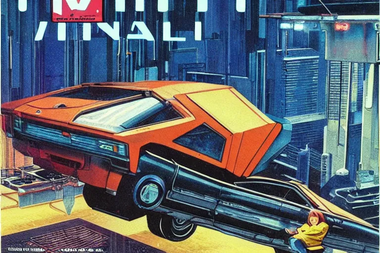 Image similar to 1979 OMNI Magazine Cover depicting a car-lift with a hidden operating room underneath. Cyberpunk Akira style by Vincent Di Fate