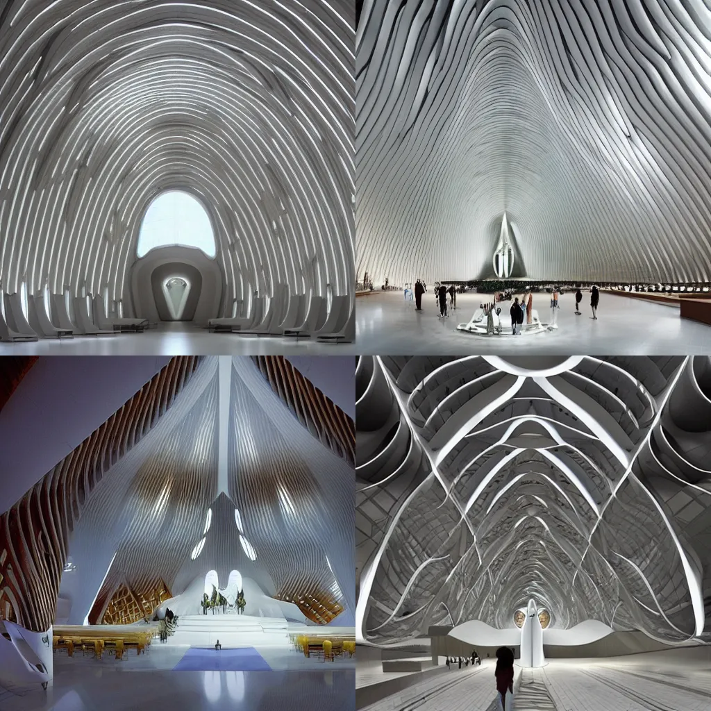 Prompt: Church of Ecofuturism designed by Zaha Hadid