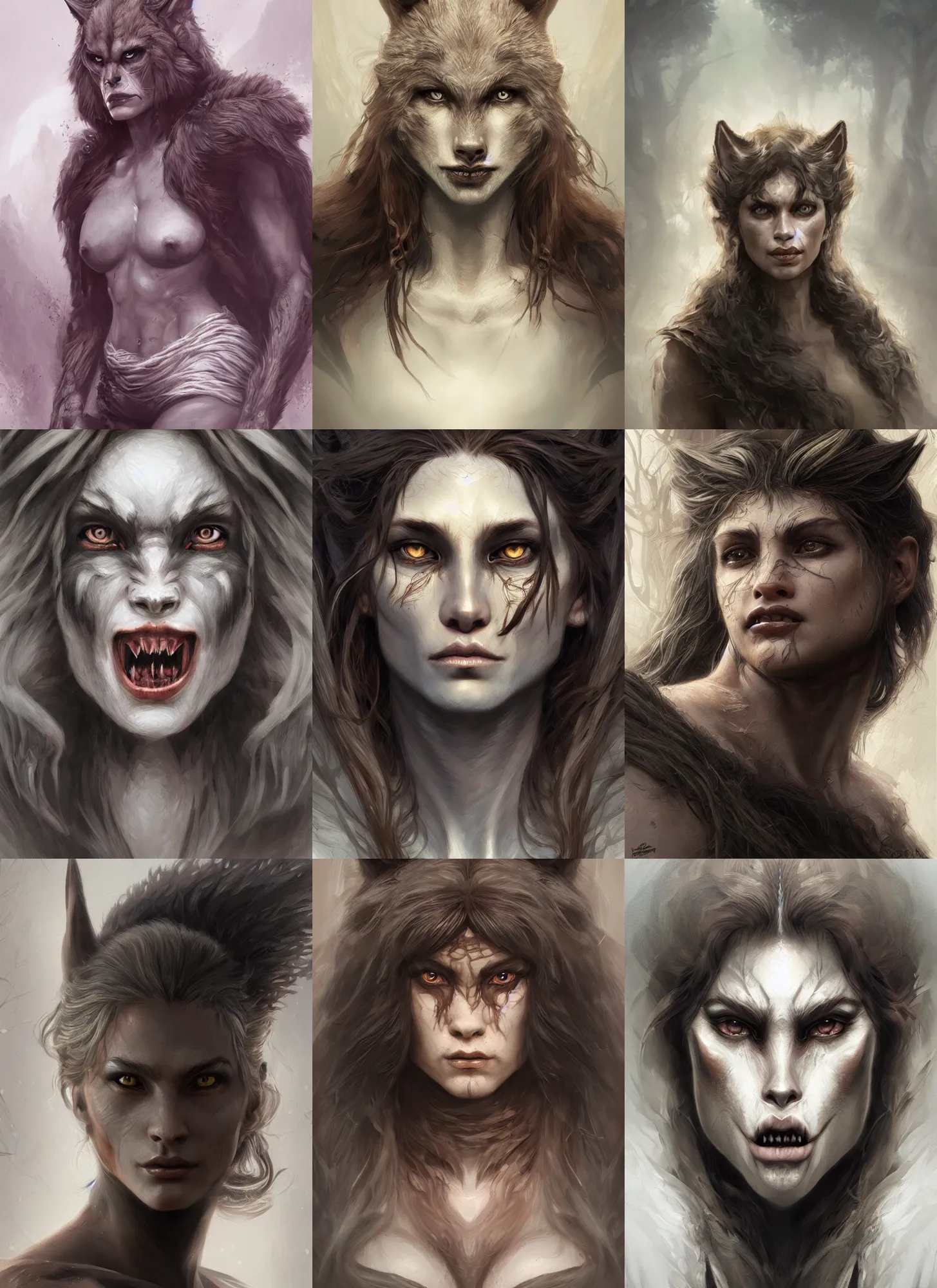 Prompt: portrait female werewolf, intricate, wild, highly detailed, digital painting, artstation, concept art, smooth, sharp focus, illustration, daren bader, aleksi briclot, rutkowski, bouguereau