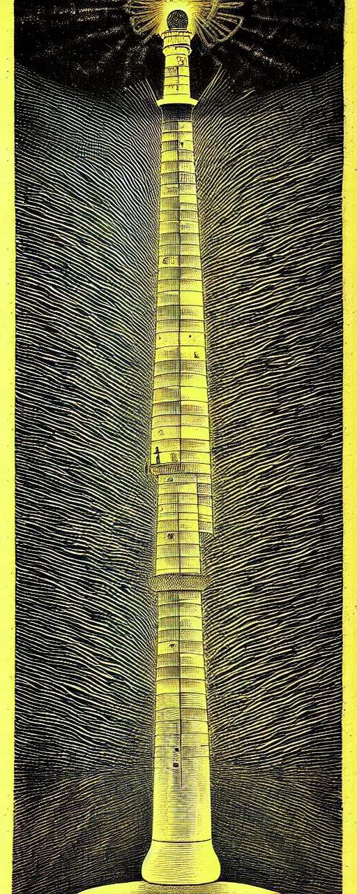 Image similar to an epic lighthouse radiates a unique canto'as above so below'while being ignited by the spirit of haeckel and robert fludd, breakthrough is iminent, glory be to the magic within, in honor of saturn, painted by ronny khalil