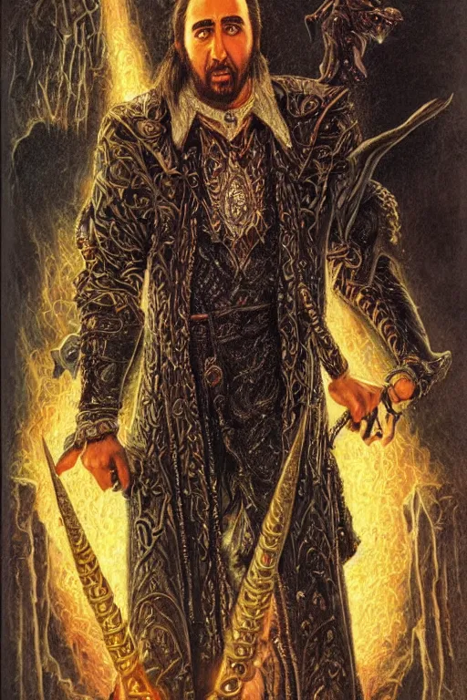 Image similar to portrait of Nicolas Cage as wizard, fantasy, intricate, highly detailed, illustration by ken kelly