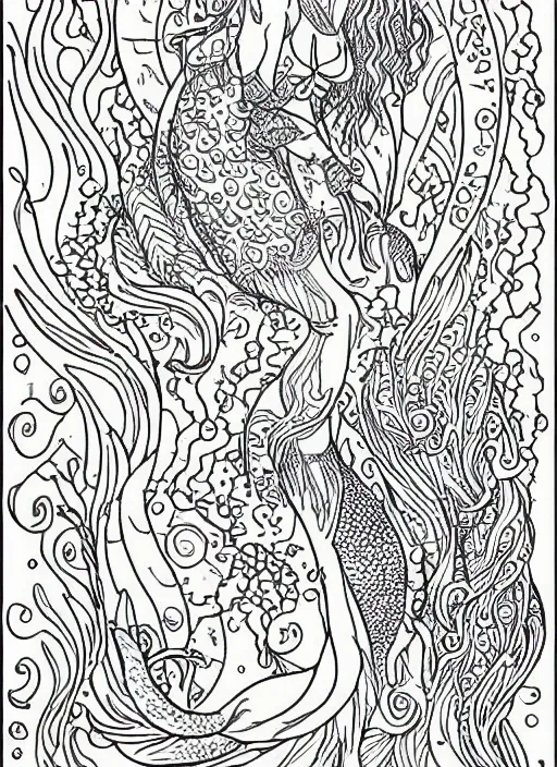 Prompt: an adult coloring page of mermaids, highly detailed