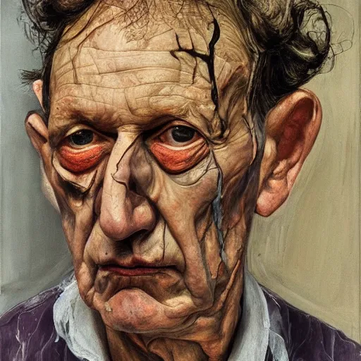 Image similar to high quality high detail painting by lucian freud, hd, old face with purple scars