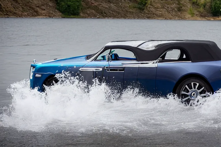 Image similar to Teenagers push Rolls-Royce into lake with their hands from a small slide wanting to drown him