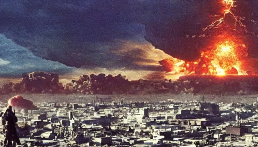 Image similar to big budget action movie about a nuclear explosion destroying a city