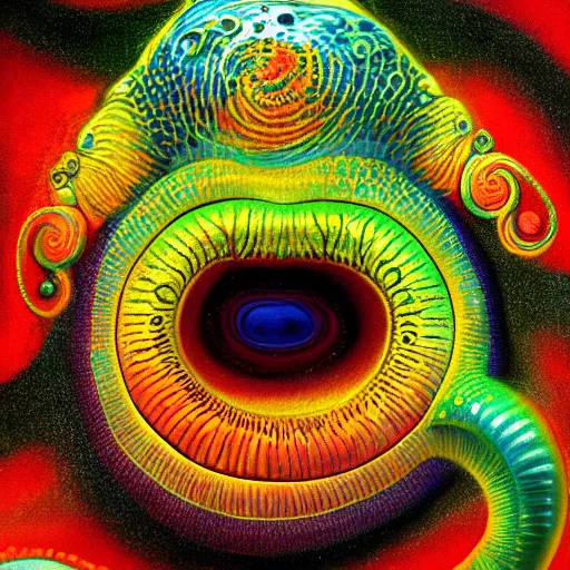 Image similar to fiery whimsical emotional eyes cephalopod with colorful bifrost tentacles, surreal painting by Ernst Haeckel, in a photorealistic macro photograph with shallow DOF, artstation