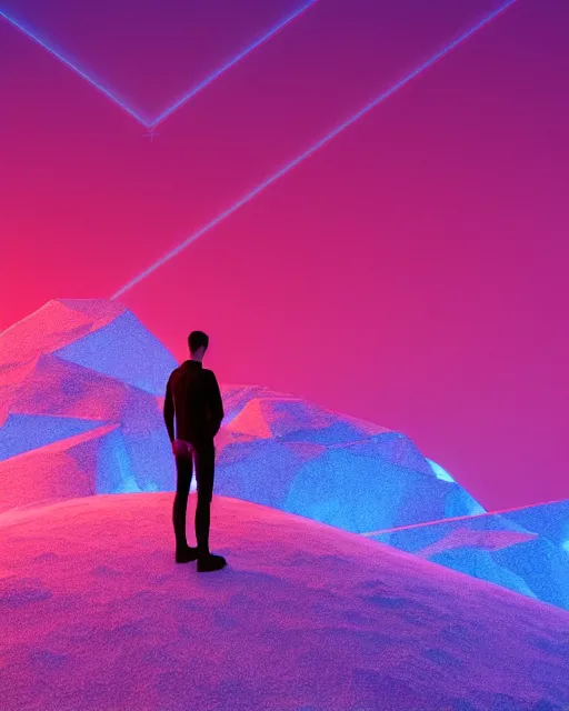 Image similar to a man standing in the middle of a mountain with a glowy neon triangle, a render by filip hodas, behance contest winner, environmental art, rendered in cinema 4 d, volumetric lighting