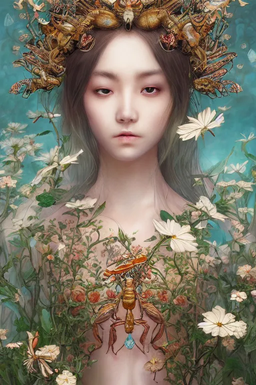 Prompt: breathtaking detailed concept art painting of the goddess of insects, orthodox saint, with anxious, piercing eyes, ornate background, amalgamation of leaves and flowers, by Hsiao-Ron Cheng, James jean, Miho Hirano, Hayao Miyazaki, extremely moody lighting, 8K