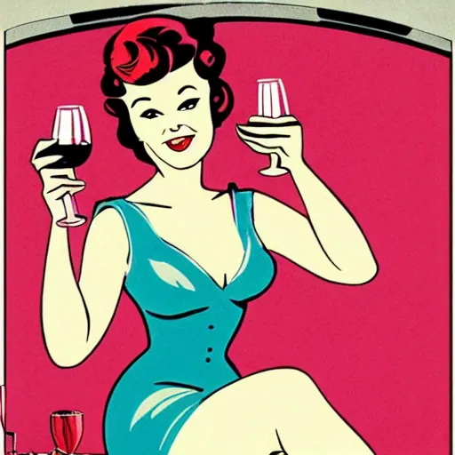 Prompt: pinup girl sitting in a big glass of wine. retro