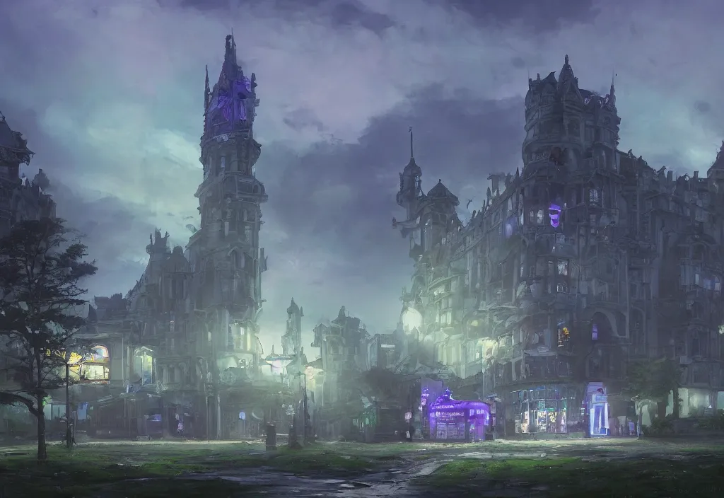 Image similar to A brilliant white castle in the distance, very dark with green lights, blue lights and purple lights, oil painting, dramatic lighting, Jakub Kasper, Makoto Shinkai, hyperrealistic, cinematic, elegant, intricate