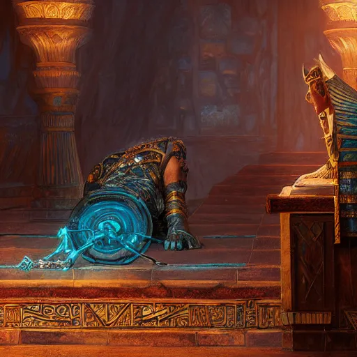 Prompt: fantasy movie scene greg rutkowski digital painting of an ornate and royal egyptian old twisted ornate runed wooden staff weapon with a blue crystal at it's tip laying on a stone altar, unreal engine, hyper realism, realistic shading, cinematic composition, blender render, octane render, hdr, detailed textures, photorealistic, 3 5 mm film