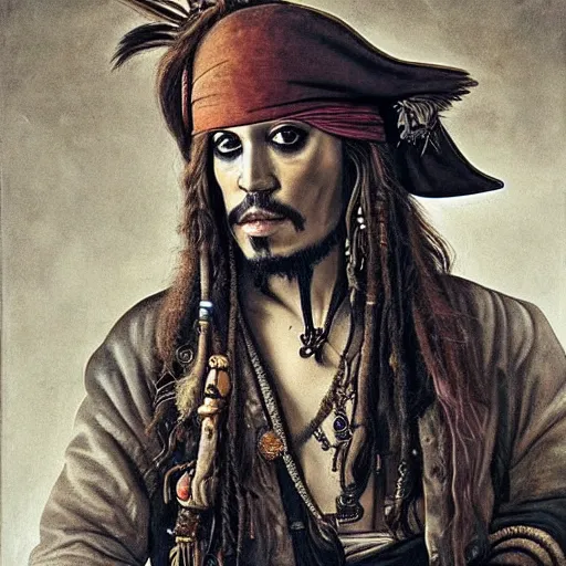 Image similar to Detailed maximalist portrait, exasperated expression, jack sparrow, highly detailed and intricate, surreal illustration in the style of Caravaggio, dark art, baroque,