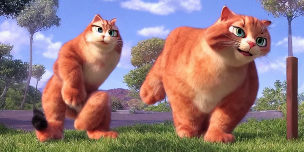 Prompt: ”large cat standing on two legs, pixar style, anime”