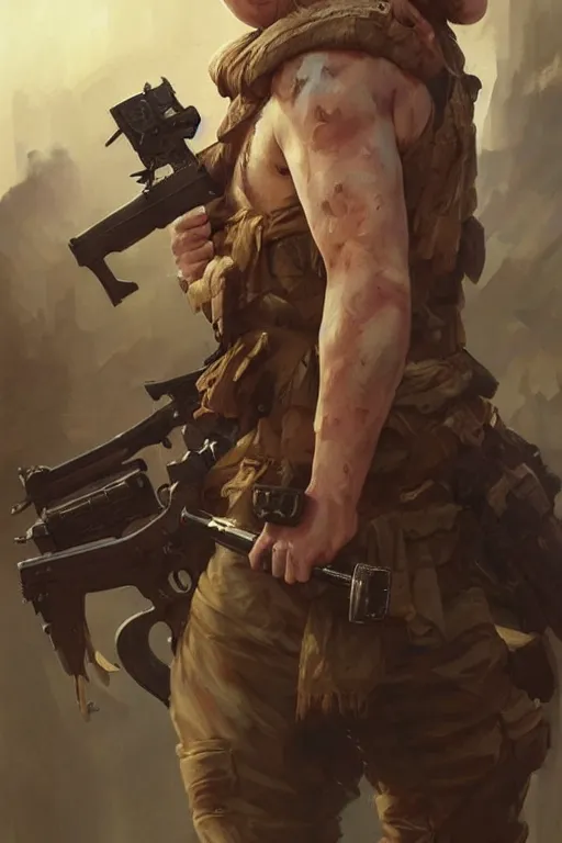 Image similar to Boris Johnson as Rambo with guns, Boris Johnson hairstyle, masculine figure, highly detailed, digital painting, artstation, concept art, smooth, sharp focus, illustration, cinematic lighting, art by artgerm and greg rutkowski and alphonse mucha