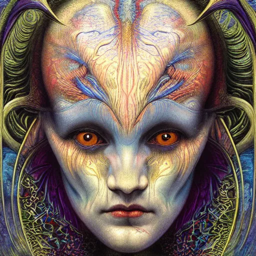 Image similar to detailed colorful realistic beautiful devil vampire face portrait by jean delville, gustave dore, iris van herpen and marco mazzoni, art forms of nature by ernst haeckel, art nouveau, symbolist, visionary, gothic, neo - gothic, pre - raphaelite, intricate alien botanicals, ai biodiversity, surreality, hyperdetailed ultrasharp octane render