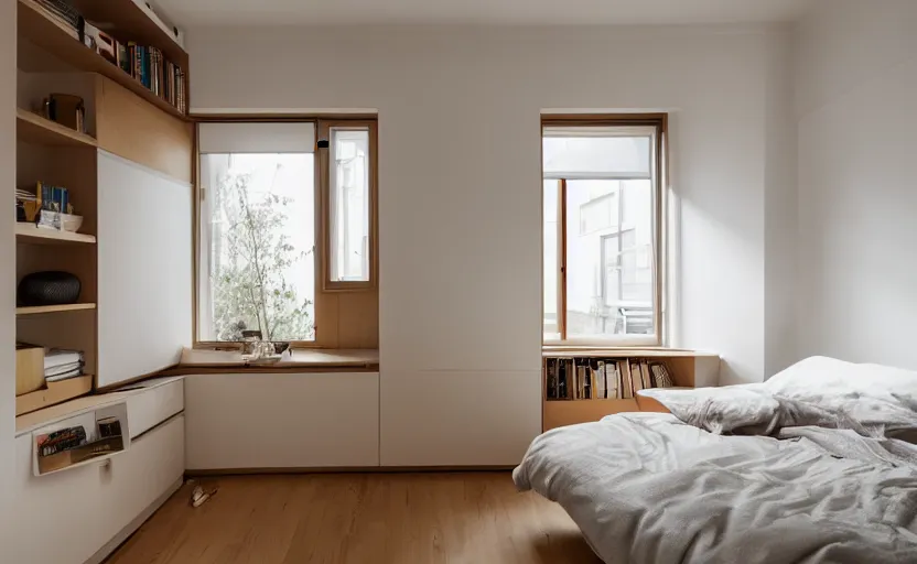 Image similar to interior of a compact bedroom in an apartment building, bed, ocher wall, cupboards, japanese design, swedish design, natural materials, minimalism, pine wood, earth colors, feng shui, white, beige, bright, windows with a view of a green park, modernist, 8 k