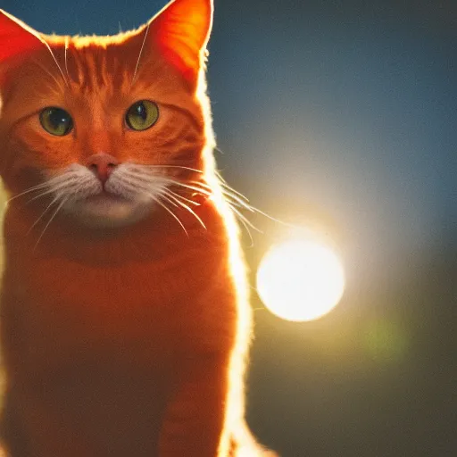 Image similar to beautiful orange cat, sunset behind it, sparkling eyes