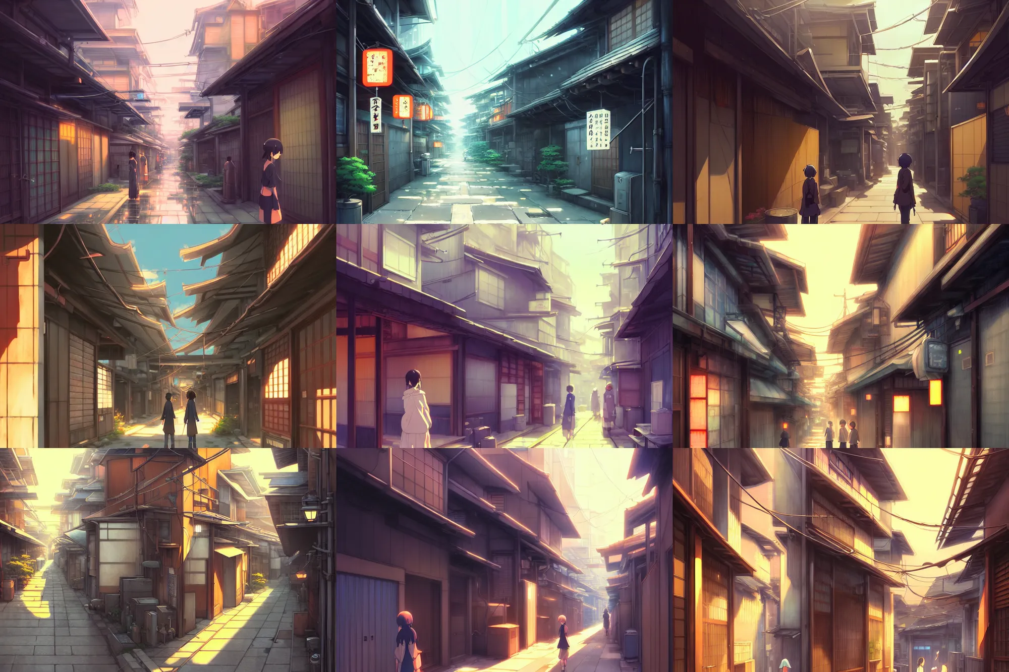 Prompt: a japanese alleyway, key visual, a digital painting by makoto shinkai and james gurney, trending on artstation, highly detailed