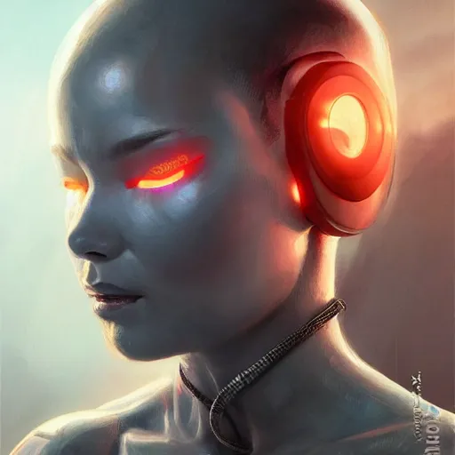 Image similar to cyborg bjork, portrait, highly detailed, digital painting, trending on artstation, concept art, sharp focus, illustration, art by artgerm and greg rutkowski and magali villeneuv