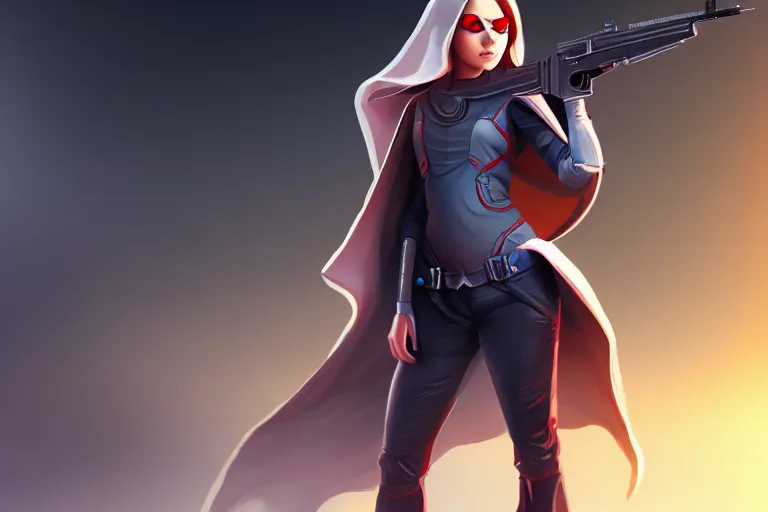 Image similar to girl in futuristic cape, gun in hand, character concept art, valorant game style, digital art, many details, super realistic, high quality, 8 k