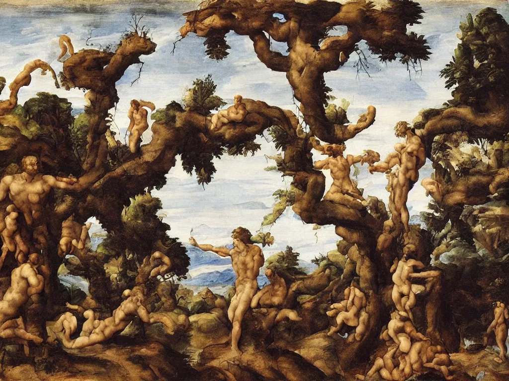 Image similar to Garden of Eden with no humans by Michelangelo, mythological painting, oil painting