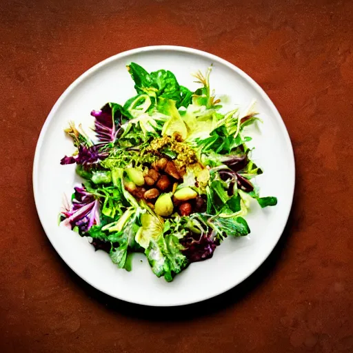 Prompt: a plate of food made of salad and alien, award winning photographer, food photography