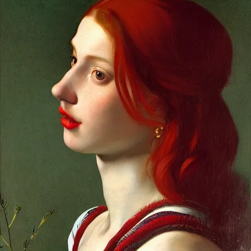 Prompt: a highly detailed portrait, red haired young woman, long hair, green eyes, hint of freckles, round gentle face, cheeky smile with red lips, among golden fireflies and nature by night, deep focus, smooth, sharp, golden ratio, elegant, digital painting by artemisia lomi gentileschi, caravaggio and artgerm