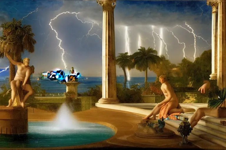 Image similar to mediterranean balustrade and palace columns, refracted lightnings on the ocean, thunderstorm, fountain, greek pool, beach and Tropical vegetation on the background major arcana sky and occult symbols, by paul delaroche, hyperrealistic 4k uhd, award-winning, very detailed paradise