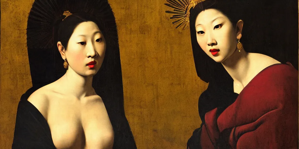 Image similar to a portrait of a very beautiful goddess with halo behind her head, seductively looking in front, Asian beautiful aesthetic face, in the style of Caravaggio and Vermeer, realistic, dramatic lighting