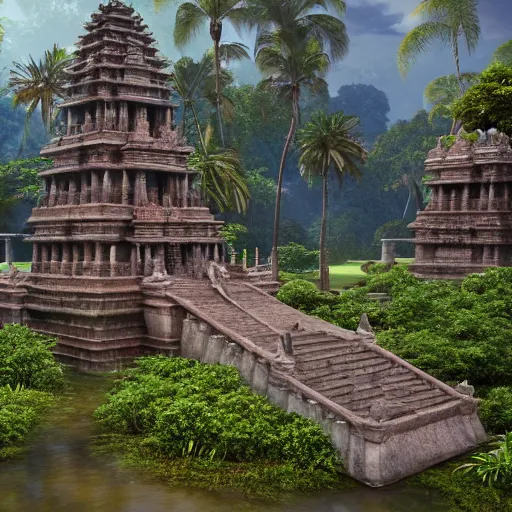Prompt: 4 k unreal engine render of an ancient never seen before indian high detail temple islands. complex architecture with intricate pilars. high detailed water. jungle background. afternoon light. hyper realistic render, trending on art station