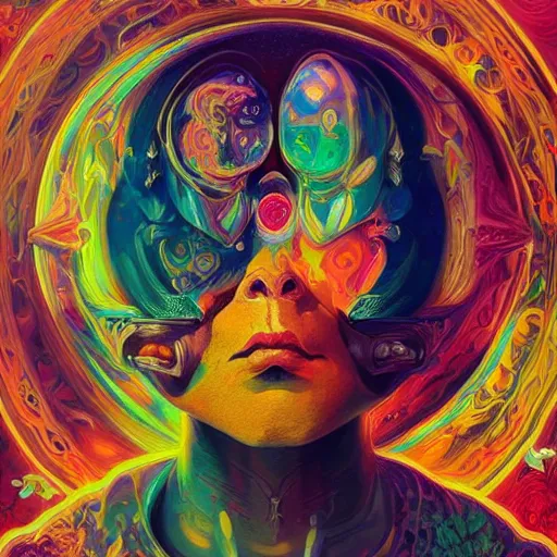 Image similar to An extremely psychedelic experience, colorful, surreal, dramatic lighting, cosmonaut, LSD, face, detailed, intricate, elegant, highly detailed, digital painting, artstation, concept art, smooth, sharp focus, illustration, art by Sam Spratt, Dan Mumford, Artem Demura and Alphonse Mucha