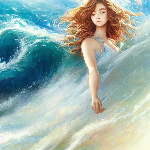 Prompt: portrait of beautiful woman in big waves at sea, long hair blowing in the wind, an oil painting by ross tran and thomas kincade, studio ghibli