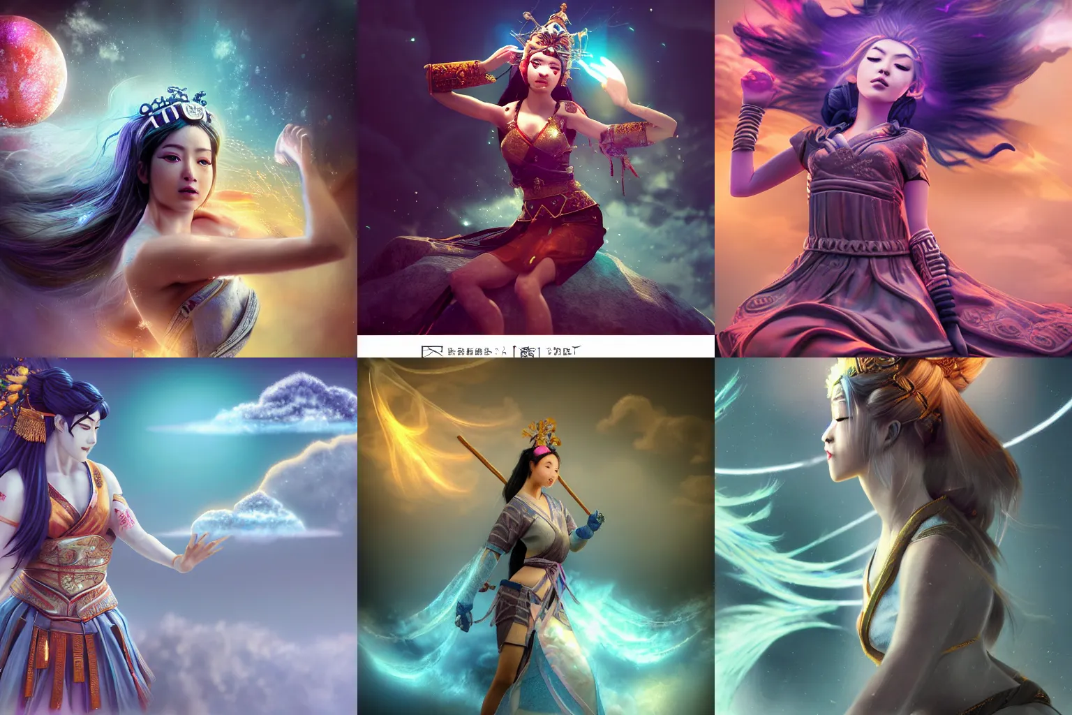 Prompt: a beautiful female goddess of samurais character, character is in all its glory, character is in her natural relaxed pose, rim lights, particles and dust in the air, fancy clouds, highly detailed professional photo, dynamic lights, particles are flying, depth of field, trending on artstation, illustration, hyper realistic, vray caustics, super detailed, colorful accents, cinematic shot