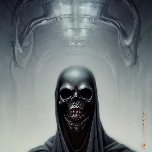 Image similar to a portrait of the grim reaper of death, sci-fi concept art by giger and beksinski and szukalski and wlop and pete mohrbacher, digital art, highly detailed, intricate, horror, sharp focus, Trending on Artstation HQ, deviantart, unreal engine 5, 4K UHD image