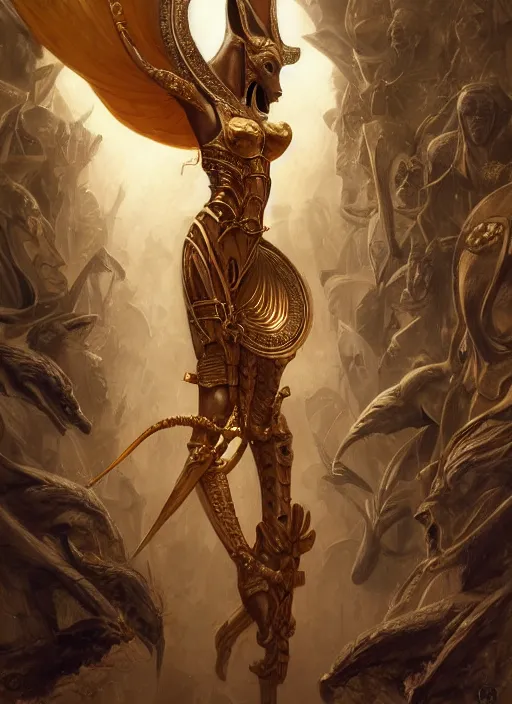 Image similar to anubis, gold, shamanic poste, elegant, highly detailed, centered, digital painting, artstation, concept art, smooth, sharp focus, illustration, artgerm, tomasz alen kopera, peter mohrbacher, donato giancola, joseph christian leyendecker, wlop, frank frazetta