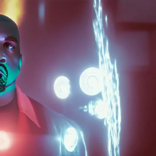Image similar to kanye west as a ghostbuster in ghostbusters, splash art, movie still, cinematic lighting, dramatic, octane render, long lens, shallow depth of field, bokeh, anamorphic lens flare, 8 k, hyper detailed, 3 5 mm film grain