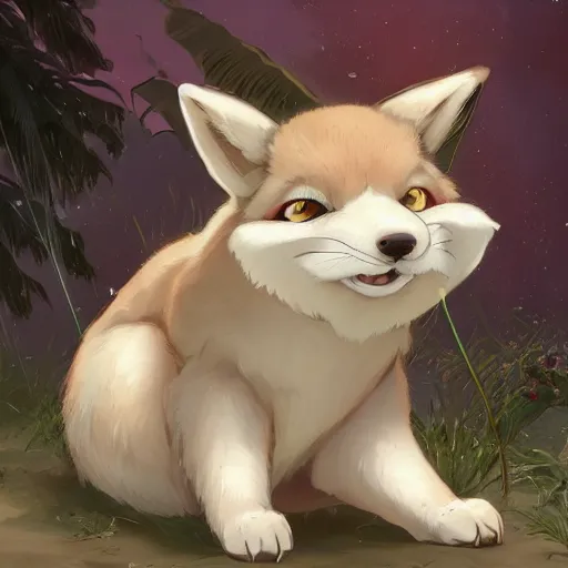 Prompt: an adorable zany girly alluring chubby charming but vicious fennic fox wolf rabbit hybrid, with long floppy rabbit ears, wearing a bow on the top of its head, grinning at the camera with a mischievous look, sharp teeth, happy lighting, at a tropical beach, greg rutkowski and alphonse mucha and jin xiaodi and anthony devine