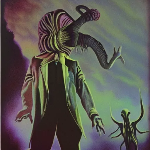 Prompt: robert smith as an alien, illustrated matte painting of a progressive rock album cover, 1 9 7 0 s