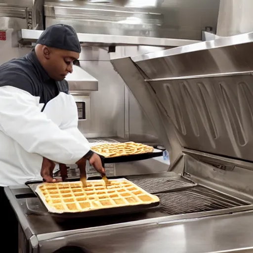 Image similar to wafflehouse restaurant employee inside a Wafflehouse cooking food on a Wafflehouse flat top grill