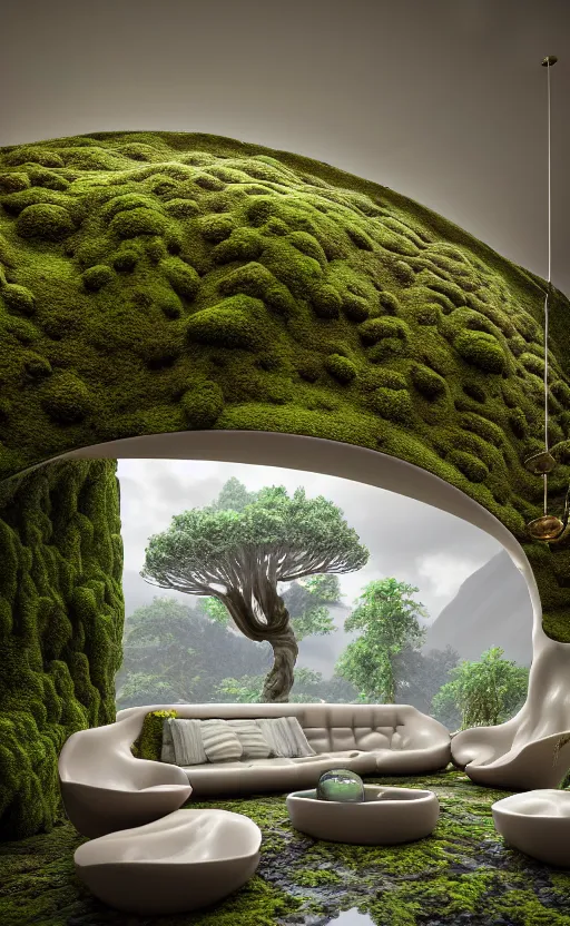 Image similar to highly detailed villa natural beautiful light interior soft cinematic composition of a smooth ceramic porcelain biomorphic magnolia stone nebula fluid sci - fi surreal colorful architecture landscape, furniture, granite, trees, marble, moss, lichen, fungi, vincent callebaut composition, mamou - mani, archviz, 8 k, unreal engine, hdr