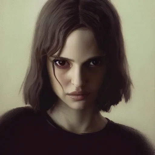 Image similar to closeup portrait of a young natalie portman, matilda from leon the professional, dramatic light, gorgeous view, depth, high detail, digital art, painted by greg rutkowski and seb mckinnon, by tim burton, trending on artstation