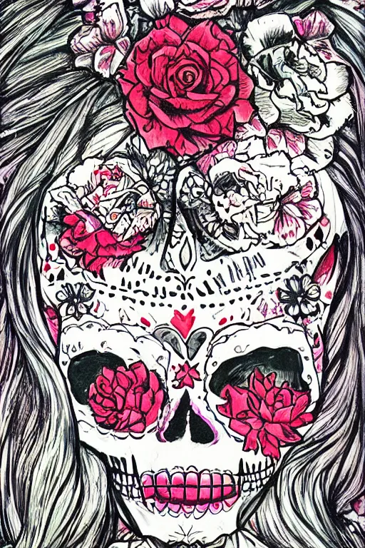 Image similar to illustration of a sugar skull day of the dead girl, art by akihiko yoshida