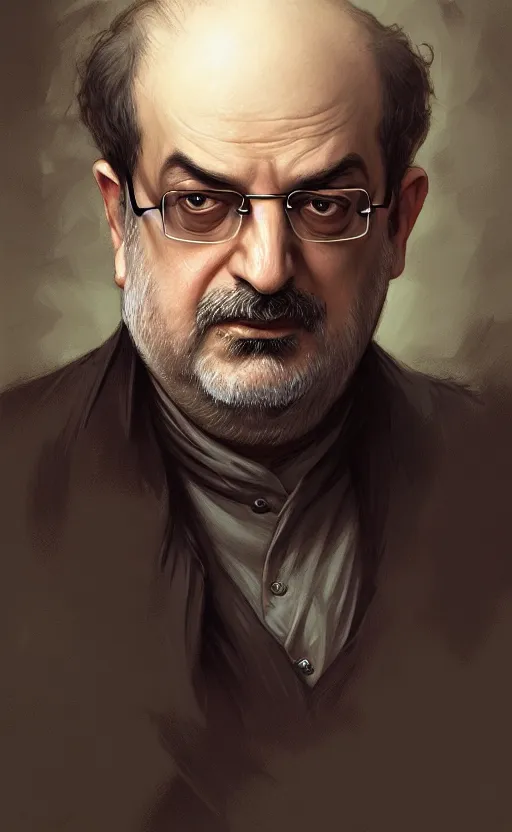 Image similar to portrait of salman rushdie, deep focus, d & d, fantasy, intricate, elegant, highly detailed, digital painting, artstation, concept art, matte, sharp focus, illustration, art by artgerm and greg rutkowski and alphonse mucha