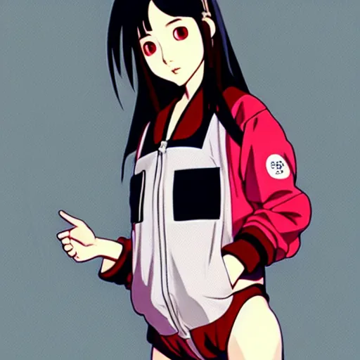 Image similar to a beautiful japanese natalie portman gravure model, wearing oversized native designer bomber jacket and leotard with overalls, bulky poofy bomber jacket with mesoamerican patterns, mesoamerican native street fashion, gapmoe yandere grimdark, trending on pixiv fanbox, painted by greg rutkowski makoto shinkai takashi takeuchi studio ghibli, akihiko yoshida