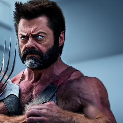 Image similar to logan wolverine with 3 claws released from his wrist as nick offerman, photorealistic mervel movie still, detailed, 8 k, digital art