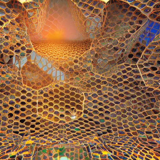 Image similar to photorealistic honeycomb palace. hyperdetailed photorealism, 1 0 8 megapixels, amazing depth, high resolution, 3 d shading, 3 d finalrender, 3 d cinematic lighting, glowing rich colors, psychedelic overtones, artstation concept art.