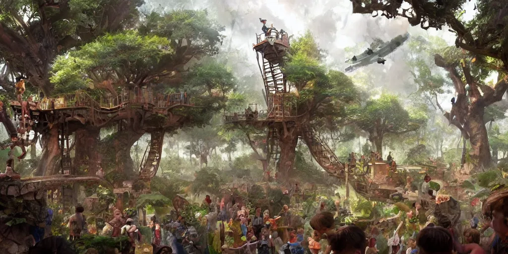 Image similar to The battle for the treehouse, kids trying to take a treehouse from another group of kids, artwork by Craig Mullins,Movie poster, detailed, trending on artstation, isometric