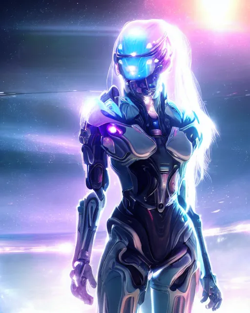 Prompt: photo of a android girl on a mothership, warframe armor, beautiful face, scifi, nebula reflections, futuristic background, hopeful, dreamy, focused, sparks of light, long white hair, blue cyborg eyes, glowing, 8 k high definition, insanely detailed, intricate, innocent, art by akihiko yoshida, antilous chao, li zixin, woo kim